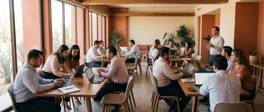 Grupo pequeño trabajando en un salón real, se ve la escala del grupo